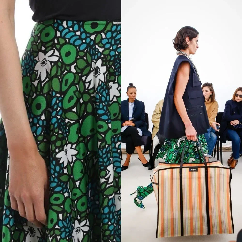 BALENCIAGA Green Hight Waist Floral Print Pleated Knee Length Skirt Size… - Picture 2 of 11